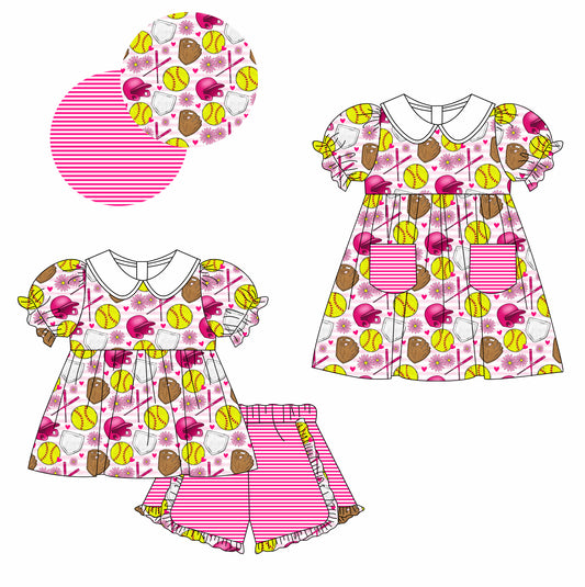 Preorder(moq 5 each) Baby Girls Softball Flowers Pink Dress Shorts Sets