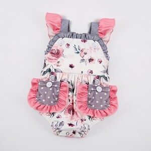 Baby Infant Girls Grey Floral Pockets Straps Rompers preorder(moq 5)