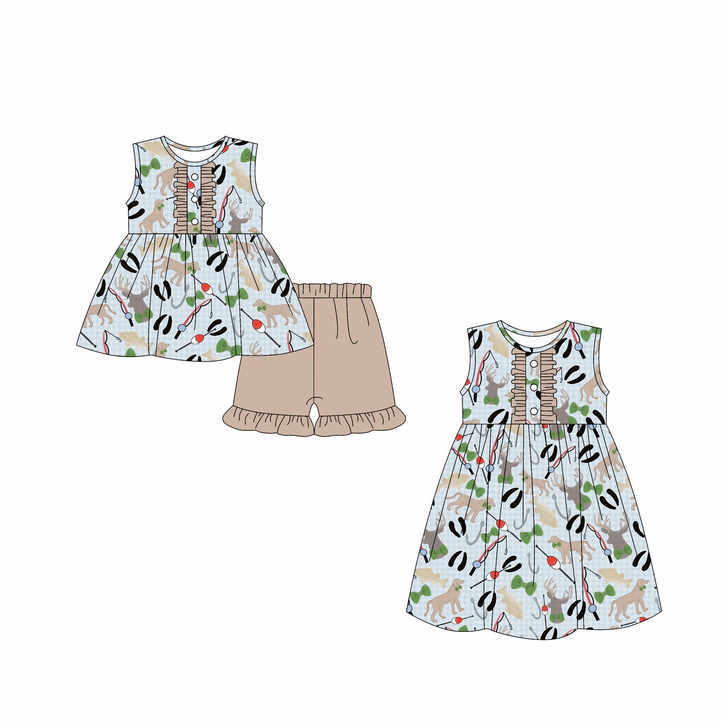 Preorder moq 5 Custom Baby Girls Button Dogs Fishing Tunic Khaki Ruffle Short Set Knee Length Dresses