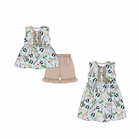 Preorder moq 5 Custom Baby Girls Button Dogs Fishing Tunic Khaki Ruffle Short Set Knee Length Dresses