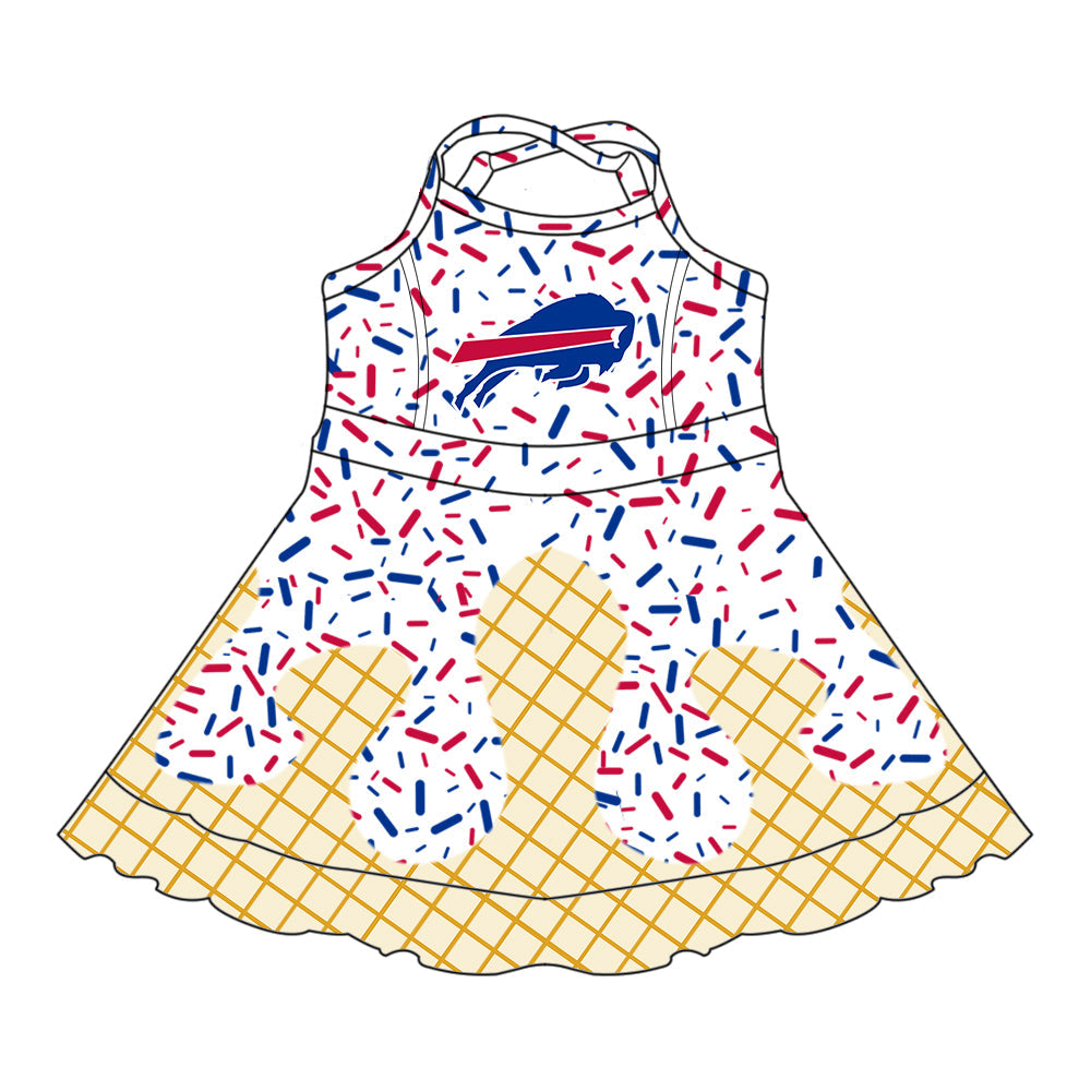 Preorder (moq 5)Baby Girls Strap Hot Blue Bull Shorts Ruffle Team Knee Length Dresses