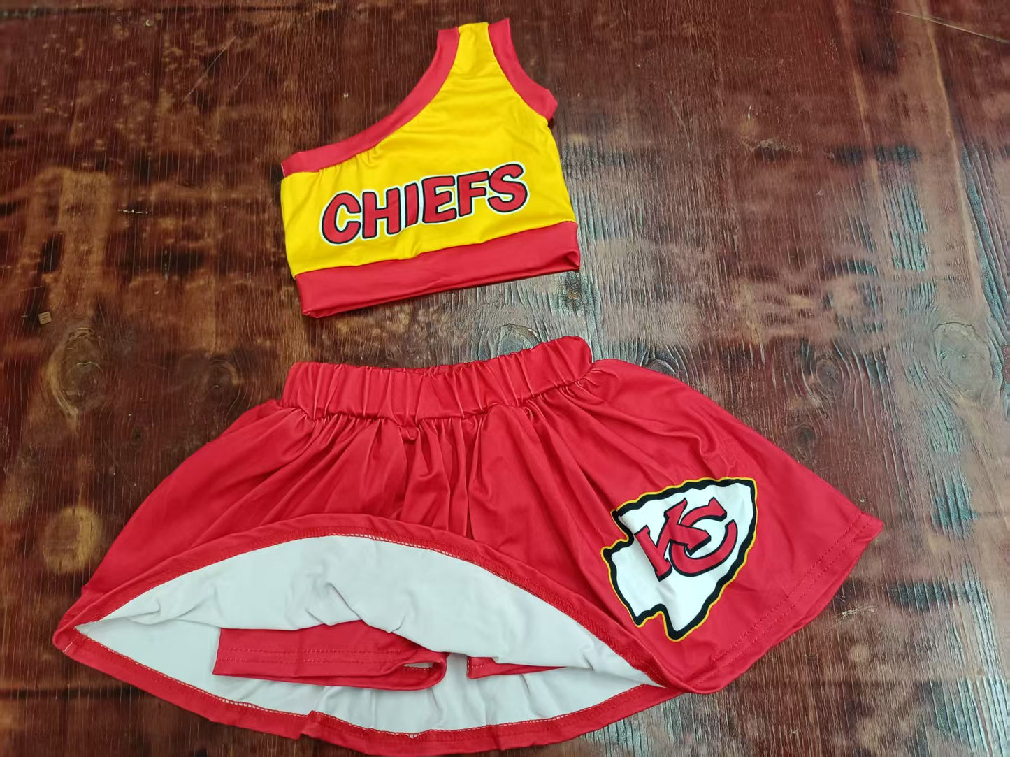 Preorder moq 5 Baby Girls One Shoulder CHIEFS Vest Top Red KC Skort Set