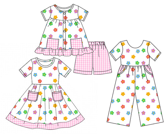 Preorder moq 5 Custom Baby Girls Short Sleeves Button Colorful Flowers Pink Plaid Pockets Tunic Short Set Knee Length Dress Jumpsuits