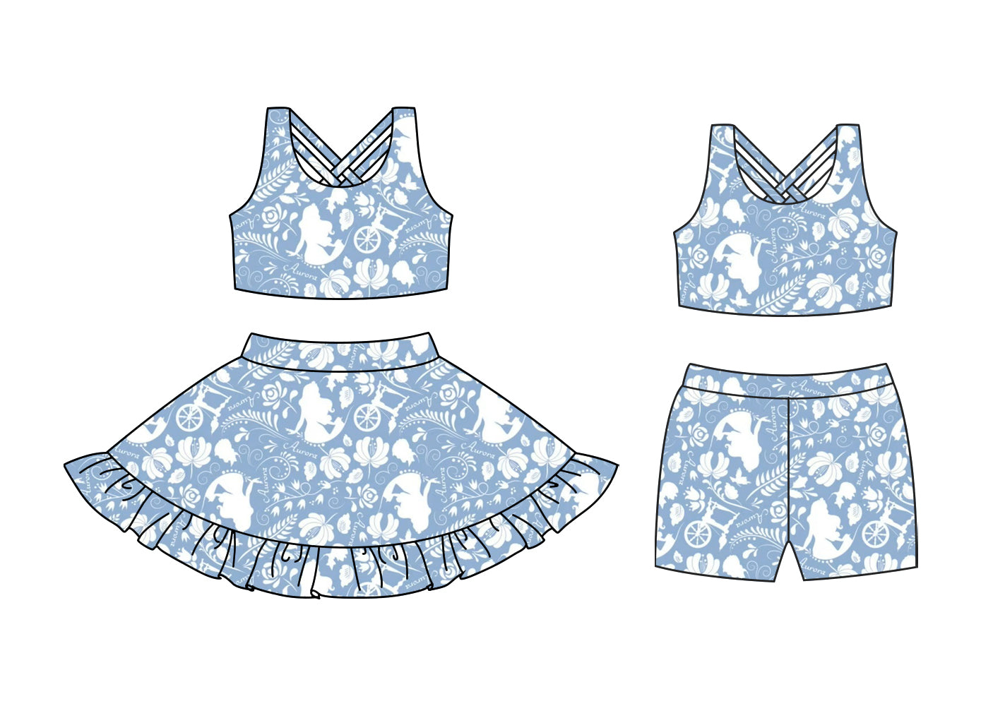 Preorder moq 5 Custom Baby Girls Blue Sleeveless Princess Top Ruffle Skirts Set Biking Sets