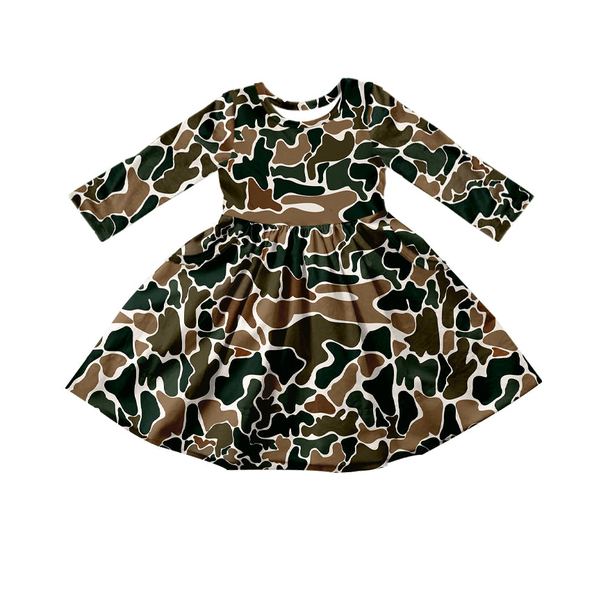 Baby Girls Fall Brown Camo Hunting Long Sleeve Knee Length Dresses Preorder(moq 5)