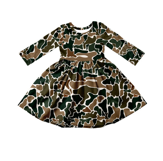 Baby Girls Fall Brown Camo Hunting Long Sleeve Knee Length Dresses Preorder(moq 5)