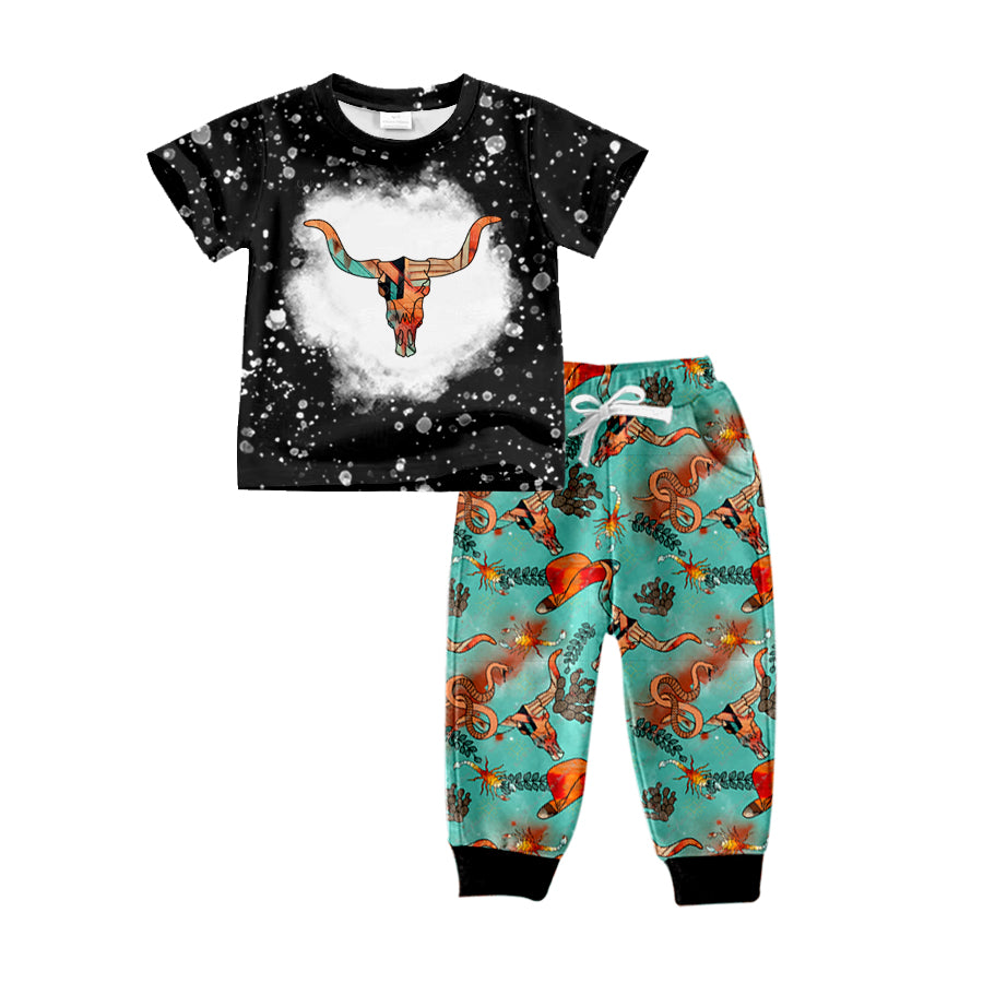 Baby Kids Boys Western Cow Skull Aztec Top Pants Clothing Sets preorder(MOQ 5)