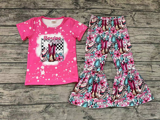 Baby Girls Pink Boots Hats Cowgirl Western Top Bell Pants Clothes Sets