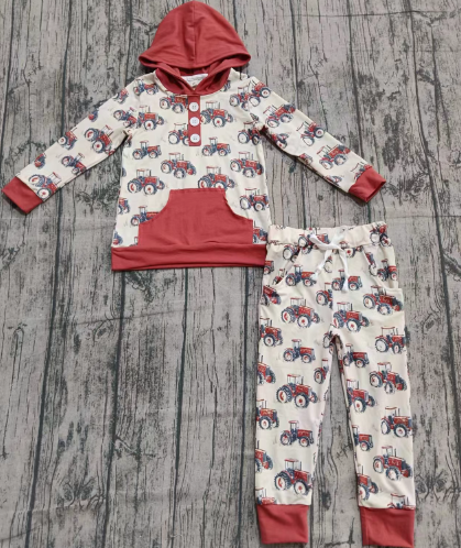 Preorder (moq 5)Baby Boys Trucks Button Pocket Hoodie Jogger Pants Farm Clothes Sets