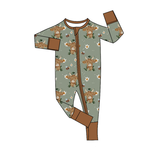 Baby Infant Western Small Flowers Highland Cows Bamboo Long Sleeve Zip Rompers preorder(moq 5)