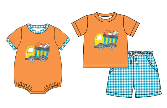 Preorder moq 5 Custom Baby Boys Orange Short Sleeves Football Trucks Top Plaid Short Set Rompers