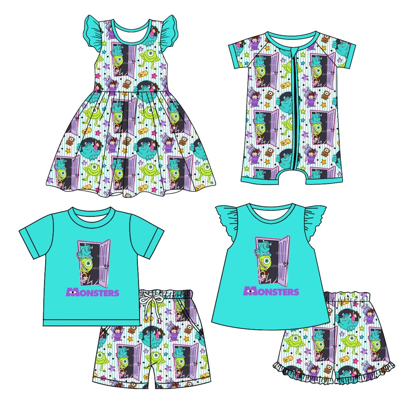 Preorder moq 5 Custom Baby Kids Blue Short Sleeves Cartoon Monsters Top Short Set Knee Length Dress Zipper Rompers