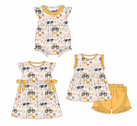 Preorder moq 5 Custom Baby Girls Flutter Sleeves Cows Chicks Tunic Ruffle Short Farm Set Knee Length Dress And Rompers