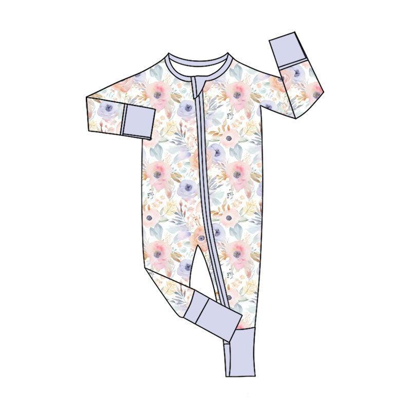 Preorder (moq 20)Baby Girls Bamboo Lavender Pink Floral Zipper Footie Rompers