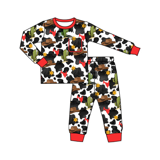 Preorder (moq 20)Baby Boys Bamboo Western Black Cow Cactus Top Pants Pajamas Sets