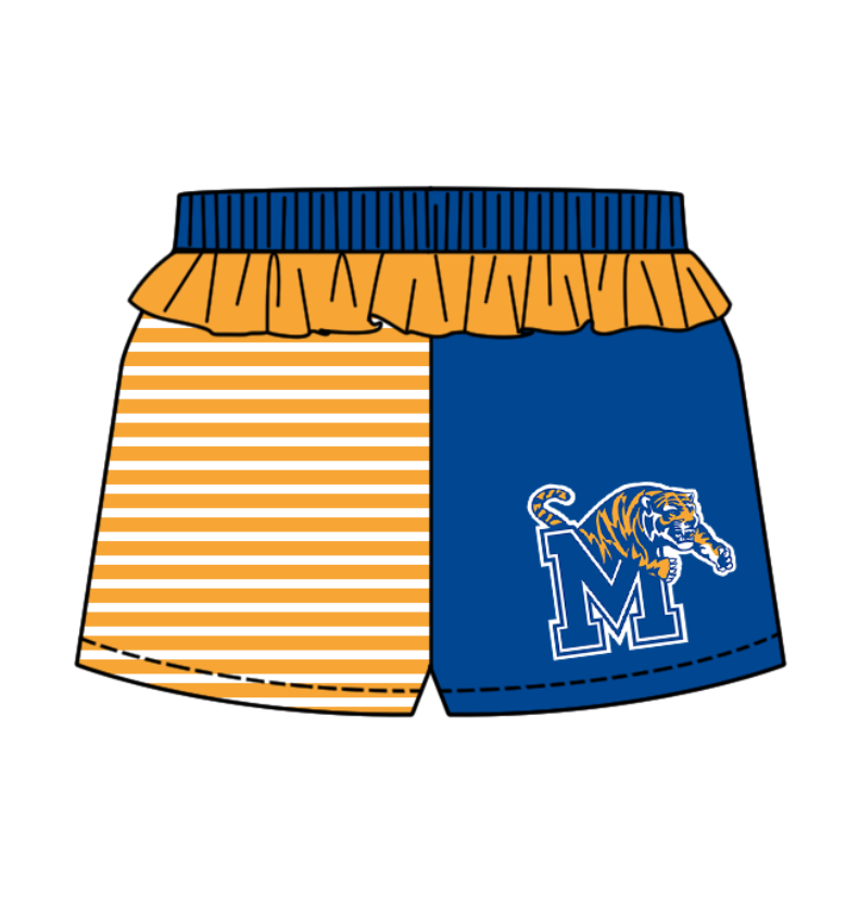 Preorder (moq 5)Baby Girls Orange Stripe M Tiger Team Ruffle Shorts Bottom