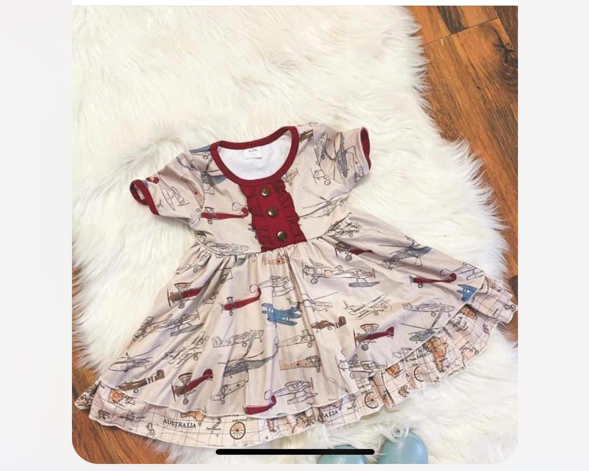 Baby Girls Plane Short Sleeve Ruffle Knee Length Dresses Preorder