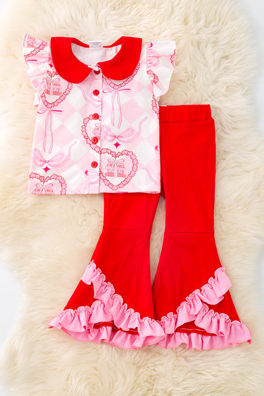 Preorder (moq 5)Baby Girls Pink Flutter Sleeves Button Bows Top Red Bell Bottom Ruffle Pant Set