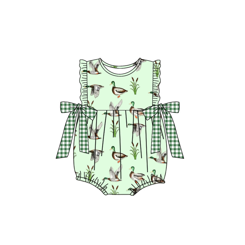 Baby Infant Girls Mallard Ducks Green Bows Rompers Preorder(moq 5)