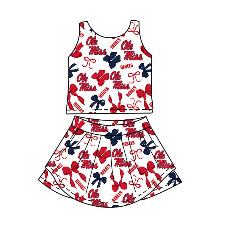 Preorder (moq 5)Baby Girls Sleeveless Ole Miss Bows Top Skirt Shorts Team Clothes Sets