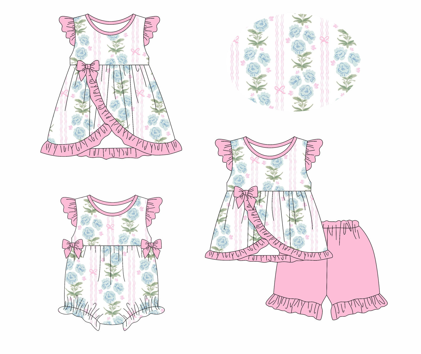 Preorder moq 5 Custom Baby Girls Pink Floral Stripe Bows Tunic Ruffle Short Set Knee Length Dress And Rompers