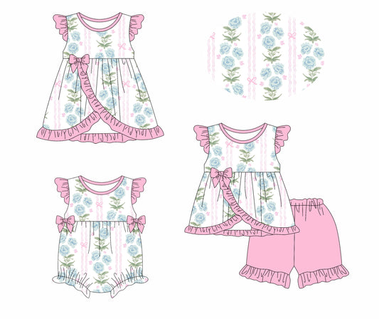 Preorder moq 5 Custom Baby Girls Pink Floral Stripe Bows Tunic Ruffle Short Set Knee Length Dress And Rompers