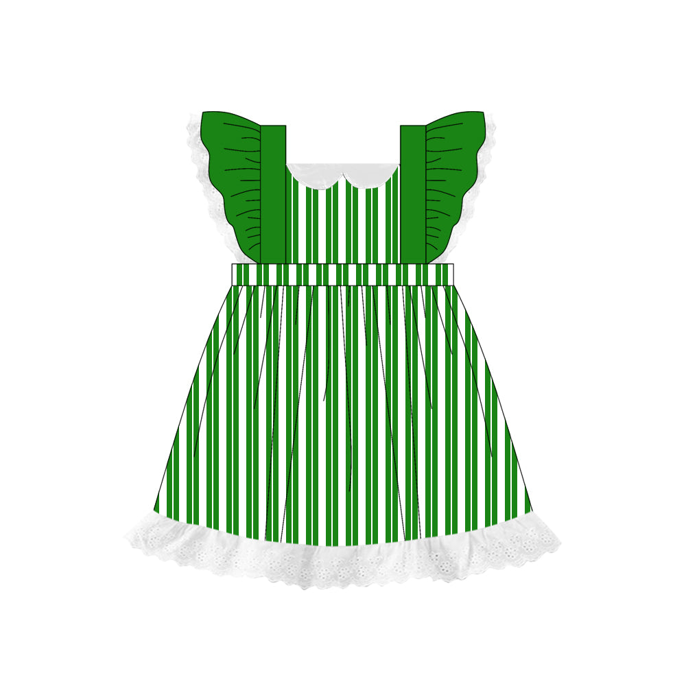 Preorder (moq 5)Baby Girls Green Flutter Sleeves Stripes Lace Knee Length Dresses
