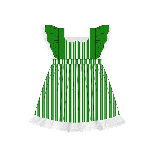 Preorder (moq 5)Baby Girls Green Flutter Sleeves Stripes Lace Knee Length Dresses