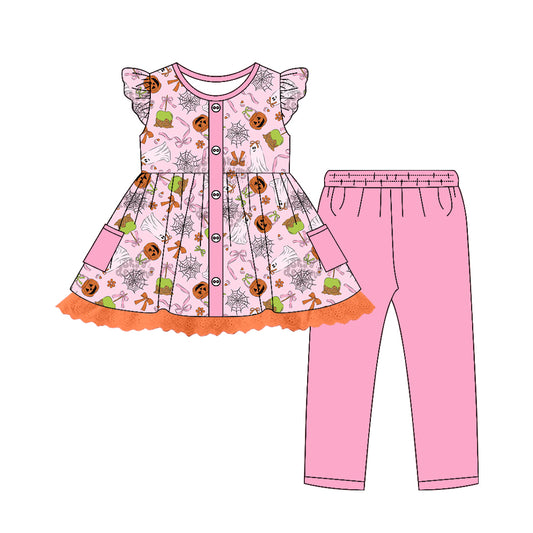 Preorder (moq 5)Baby Girls Flutter Sleeves Ghost Pumpkins Button Tunic Leggings Pants Set
