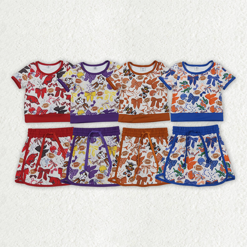 Sibling Baby Girls Short Sleeve Bows Footballs Top Skirt Shorts Team Clothes Sets