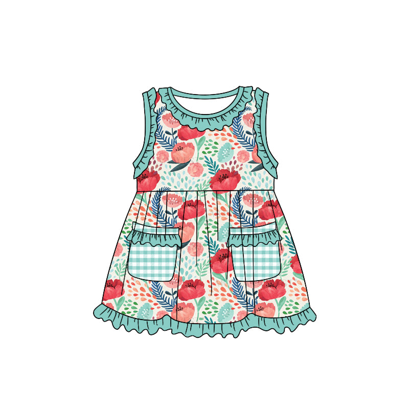 Baby Girls Green Flowers Rockets Sleeveless Knee Length Dresses Preorder(moq 5)