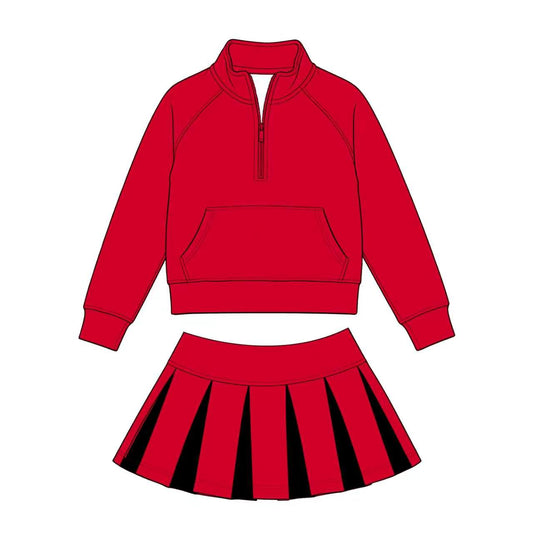 Preorder (moq 5)Baby Girls Zip Pocket Pullovers Red Black Skirt Short Clothes Set