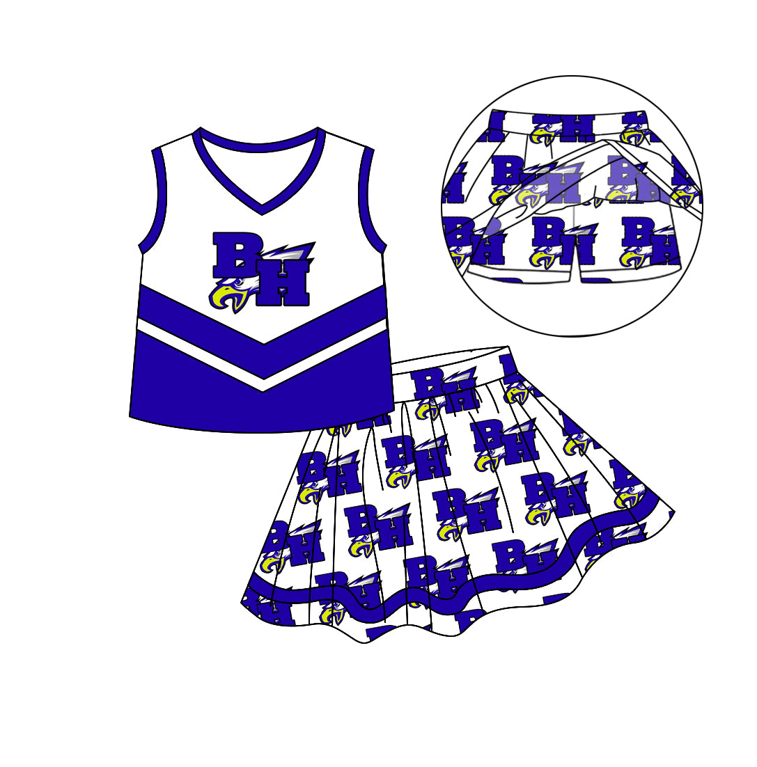 Preorder (moq 5)Baby Girls Blue Eagle Cheer Team Top Skort Skirts Clothes Sets