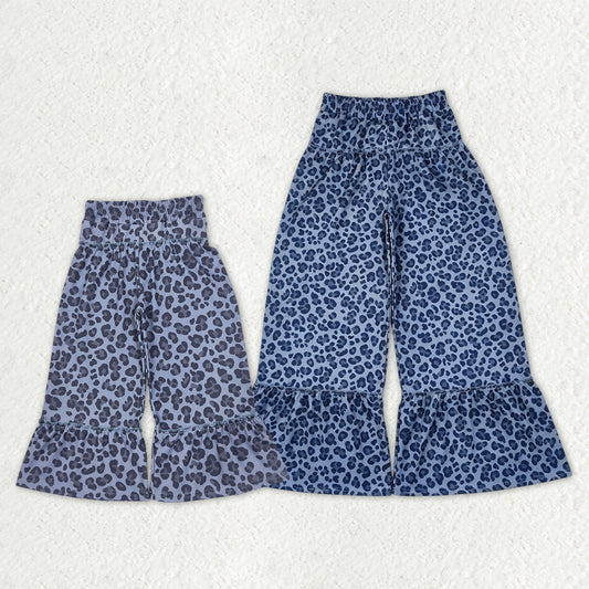 Mama and Me Girls Blue Grey Leopard Yoga Active Flare Ruffle Pants Bottom