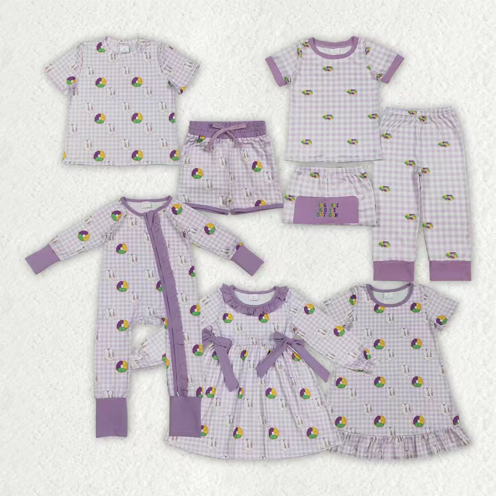 Sibling Baby Boys Girls Mardigras Donuts Boot Checked Dress Pocket Short Clothes Set Ruffle Zip Romper