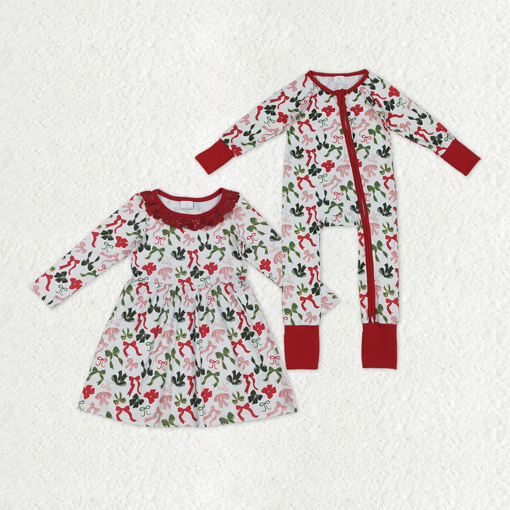 Sibling Baby Girls Green Red Bows Zipper Footie Christmas Romper Knee Length Dresses