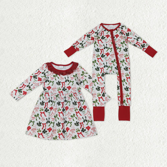 Sibling Baby Girls Green Red Bows Zipper Footie Christmas Romper Knee Length Dresses