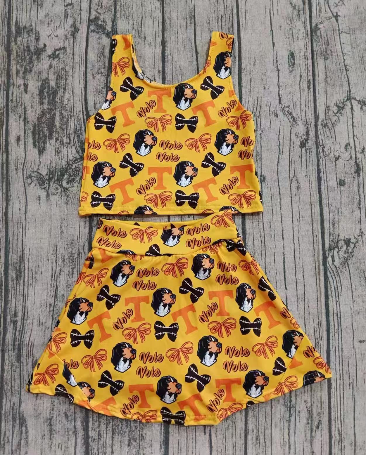 Preorder(moq 5) Baby Girls Orange T Dogs Bows Plaid Vest Top Skorts Team Clothing Sets