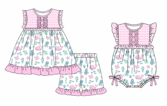 Preorder moq 5 Custom Baby Girls Sleeveless Button Sea World Tunic Ruffle Short Set Rompers