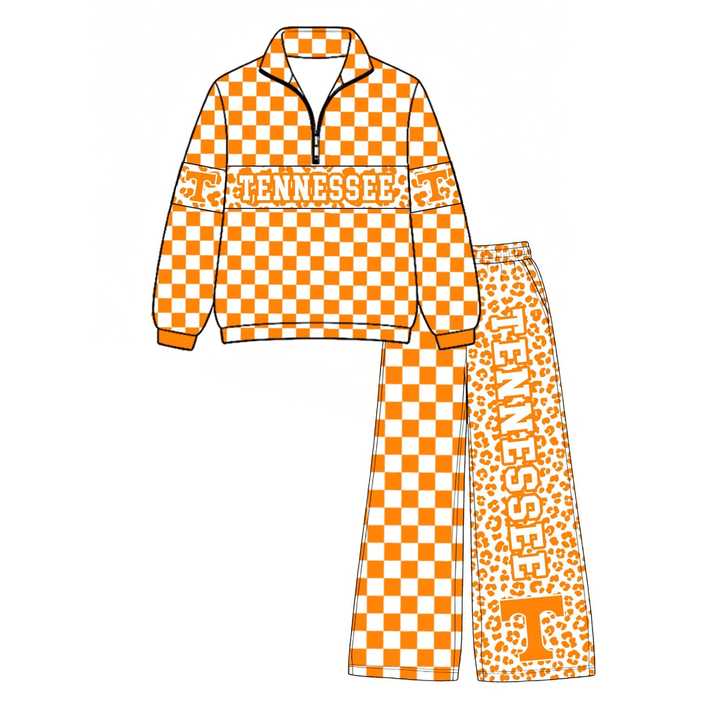 Preorder(moq 5)Baby Boys Orange Checked Leopard Tennessee Zip Pullover Pockets Pants Team Clothes Sets