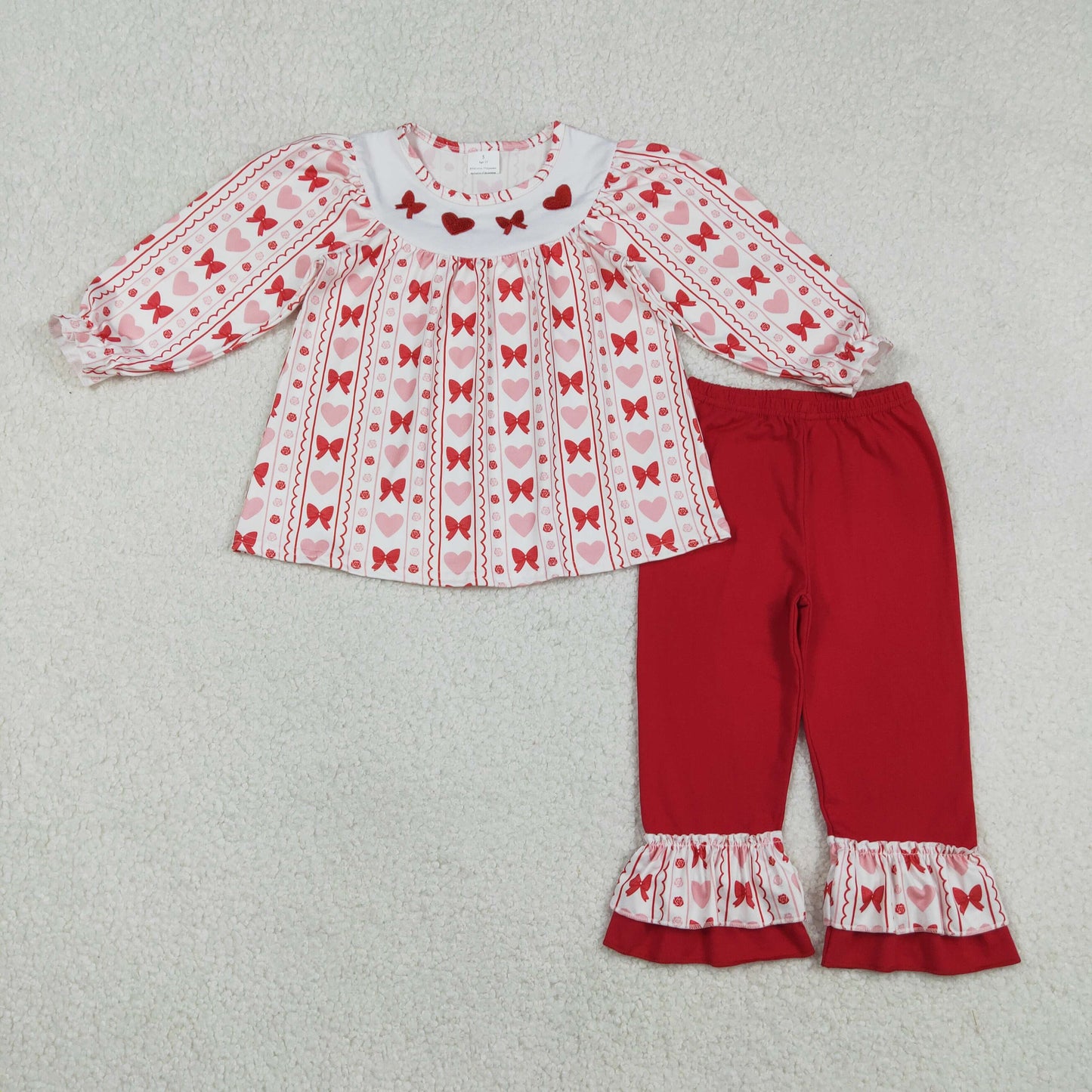 Embroidery Bows Hearts Baby Girls Stripe Tunic Ruffle Pants Valentines Clothes Sets