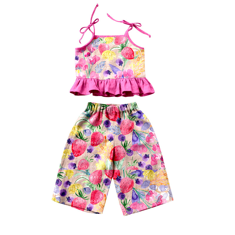 Baby Girls Hot Pink Flowers Straps Top Pants Clothes Sets order preorder (moq 5)