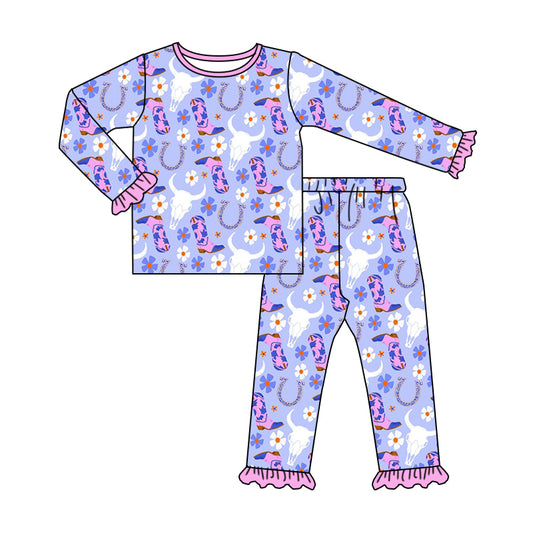 Baby Girls Western Boots Cow Pink Top Pants Pajamas Clothes Sets preorder(MOQ 5)