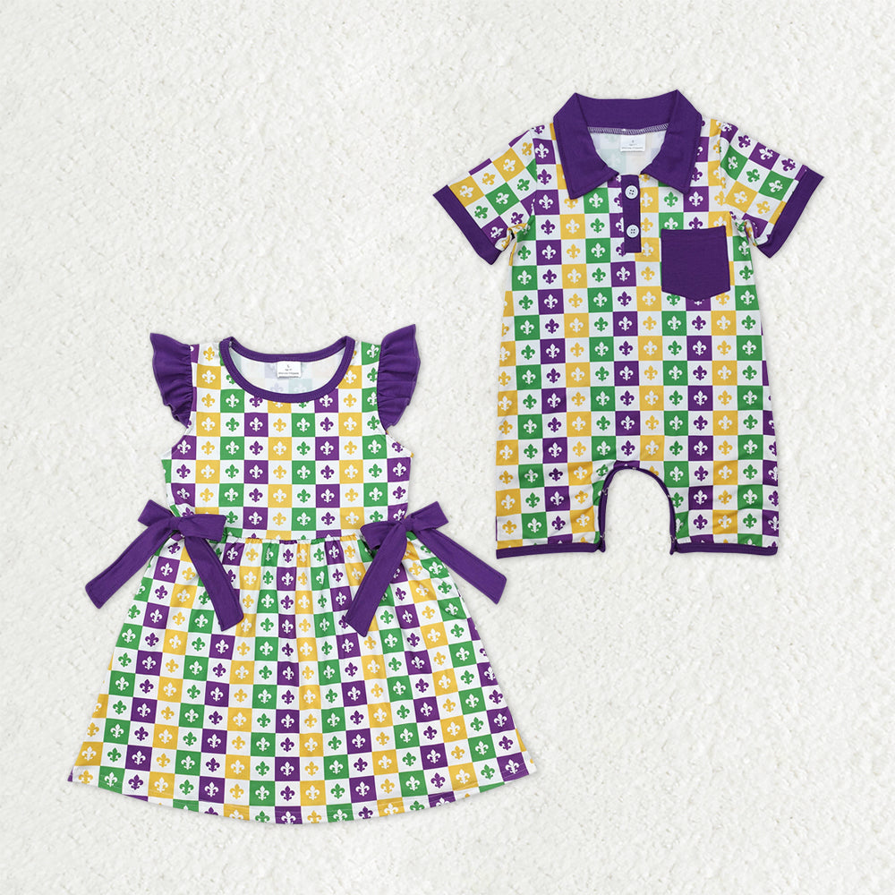 Sibling Baby Boys Girls Mardigras Anchors Checked Bows Knee Length Dress Pocket Rompers
