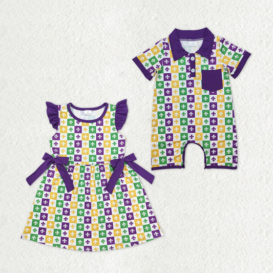 Sibling Baby Boys Girls Mardigras Anchors Checked Bows Knee Length Dress Pocket Rompers