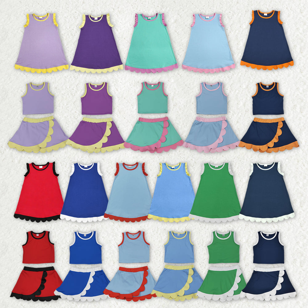 Sibling Baby Girls Colorful Vests Top Scallop Skirt Short Yoga Active Set Knee Length Dresess