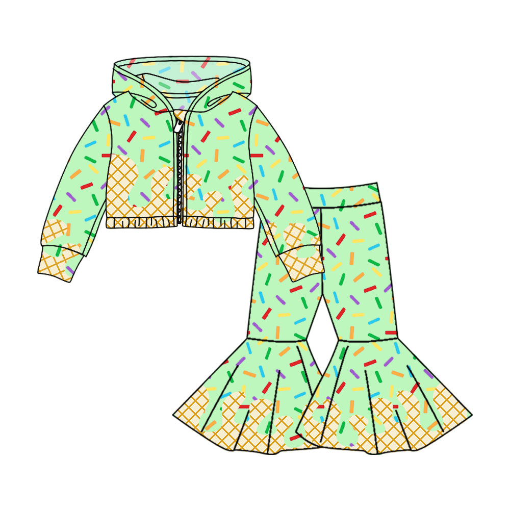 Preorder (moq 5)Baby Girls Aqua Long Sleeves Drip Zipper Jacket Top Bell Bottom Pant Team Clothes Sets