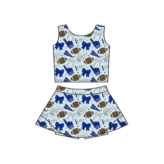 Preorder moq 5 Baby Girls Sleeveless Blue Football Cheer Plaid Vest Top Skorts Team Set