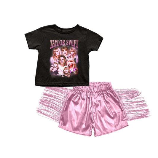 Baby Girls Black Singer Swift Shirts Tassel Leather Shorts Clothes Sets preorder(moq 5)