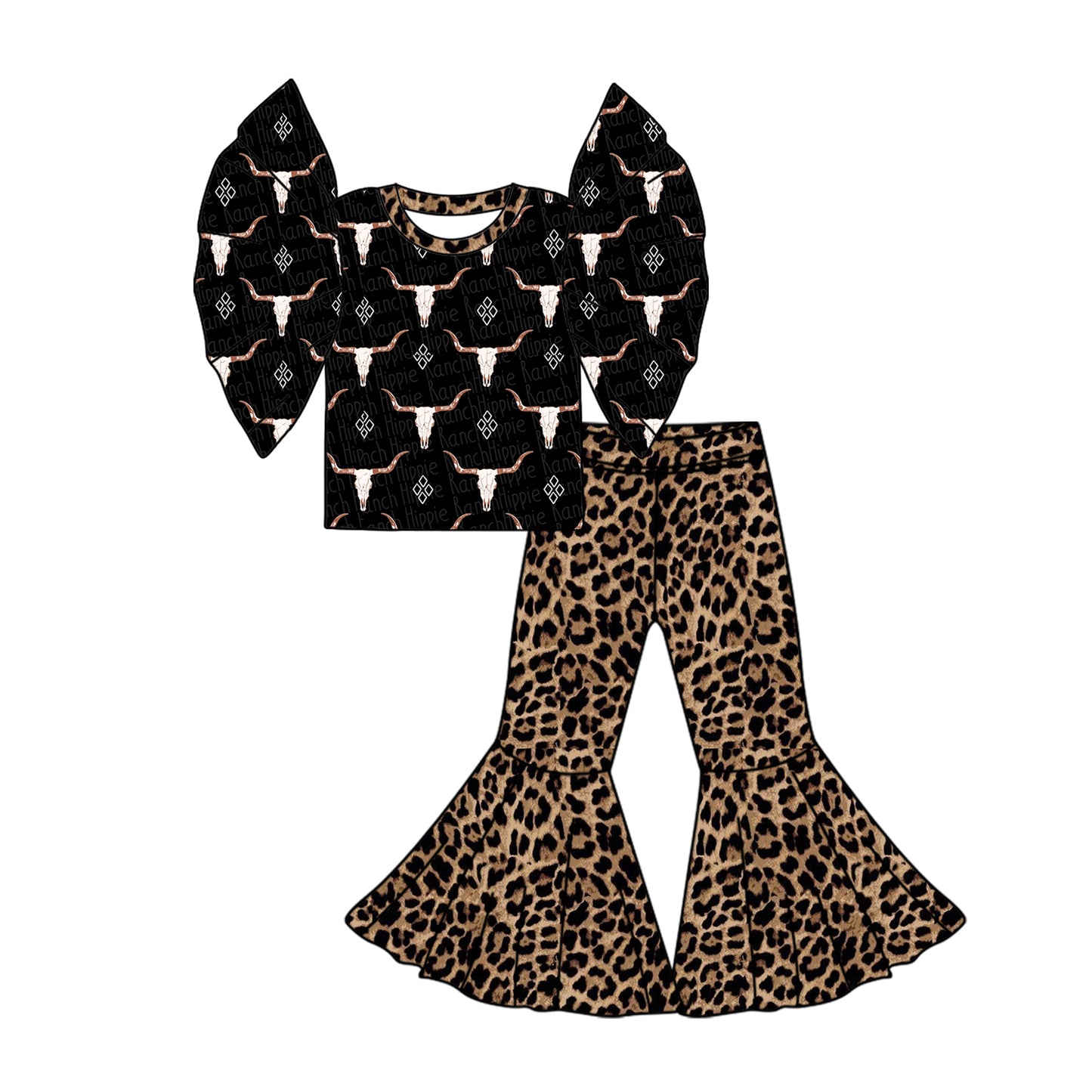 Preorder (moq 5)Baby Girls Longhorn Cow Shirt Leopard Bell Pants Clothes Sets